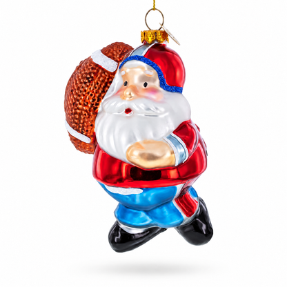 Santa the Football Player Glass Christmas Ornament