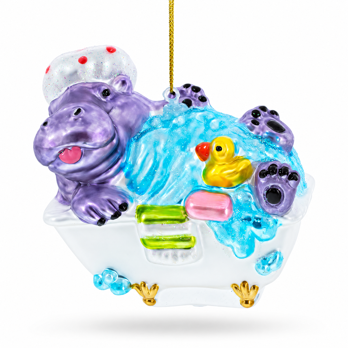 Hippo Taking Bath Glass Christmas Ornament