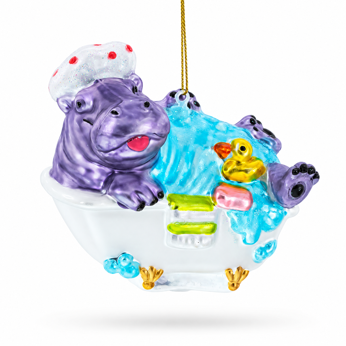 Hippo Taking Bath Glass Christmas Ornament
