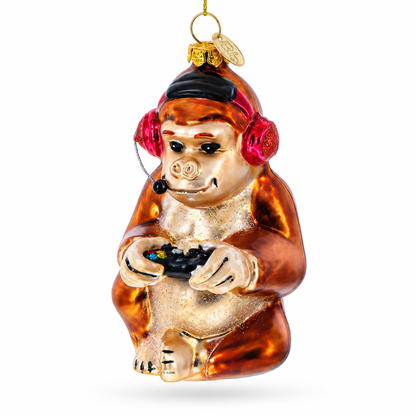 Monkey Video Gamer Glass Christmas Ornament