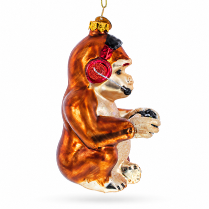 Monkey Video Gamer Glass Christmas Ornament