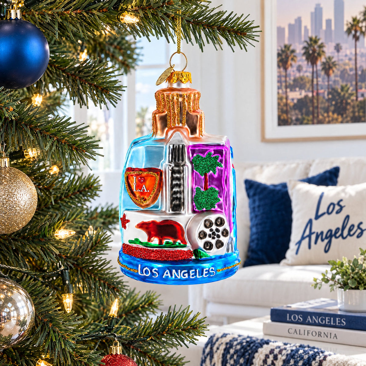 Landmarks of Los Angeles, California Glass Christmas Ornament