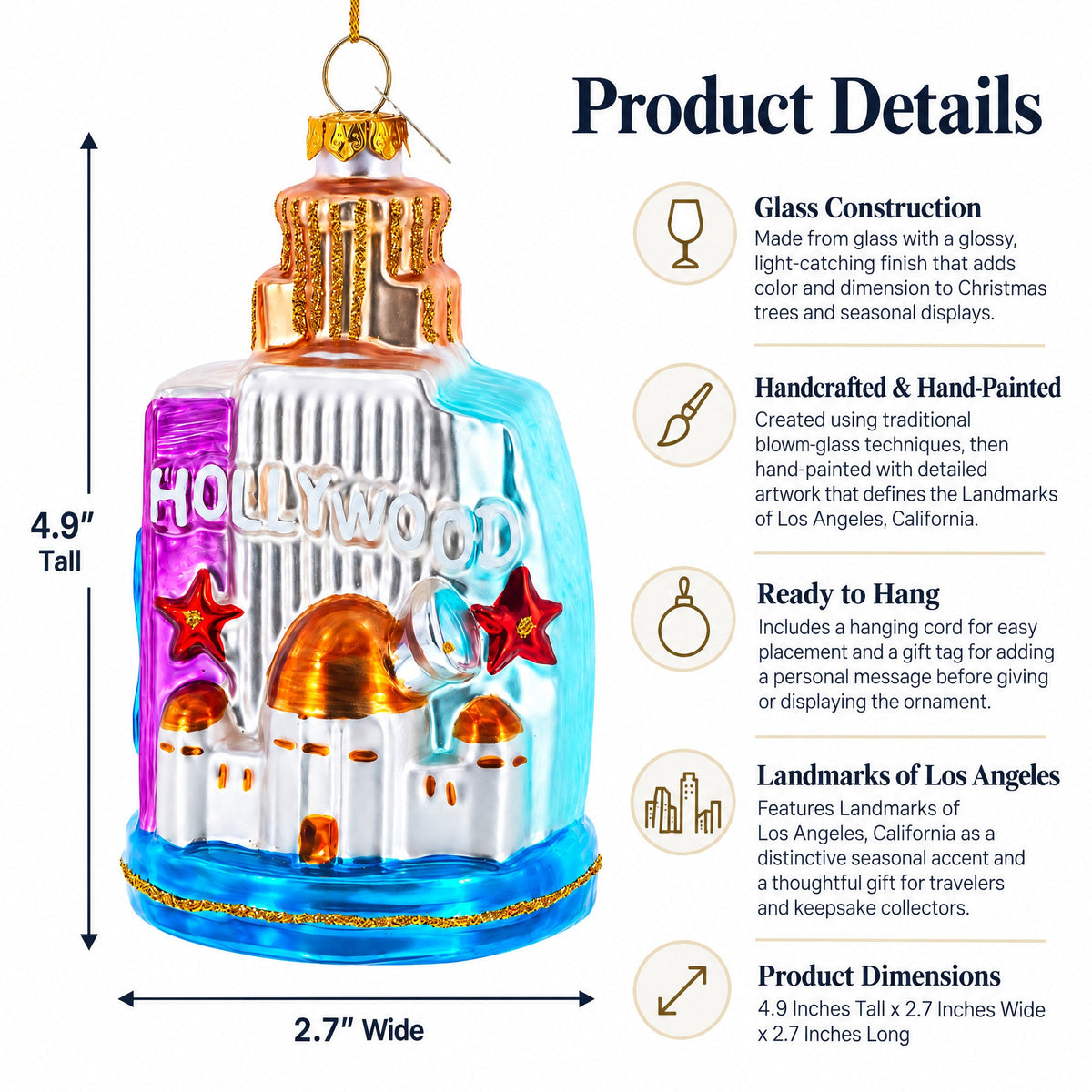 Landmarks of Los Angeles, California Glass Christmas Ornament
