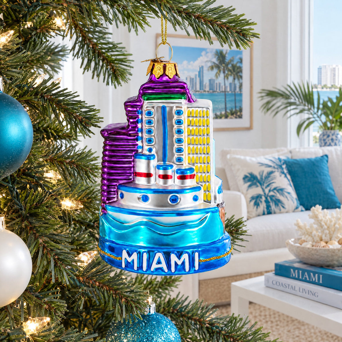 Landmarks of Miami, Florida Glass Christmas Ornament