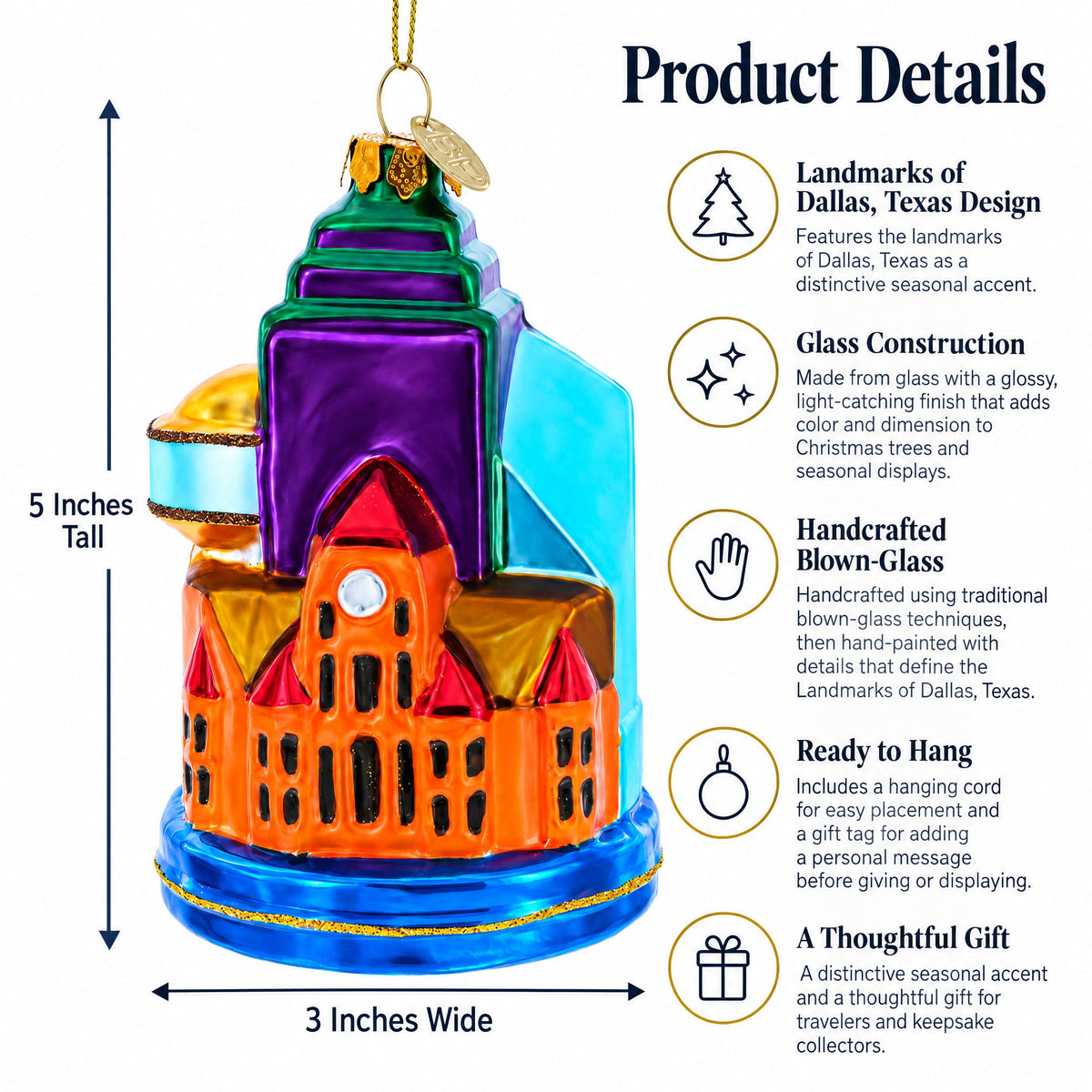 Landmarks of Dallas, Texas Glass Christmas Ornament