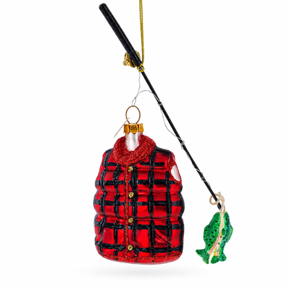 Fisherman Jacket and Rod Glass Christmas Ornament