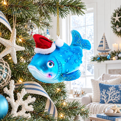 Fish in the Santa Hat Glass Christmas Ornament