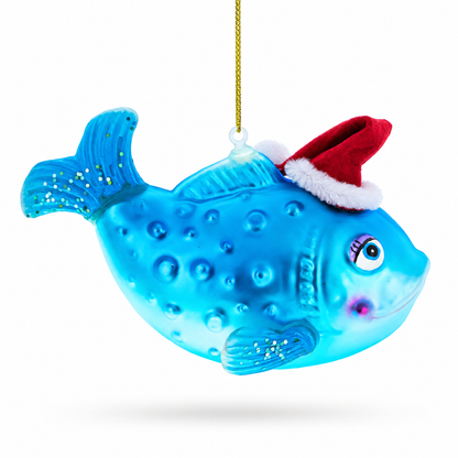 Fish in the Santa Hat Glass Christmas Ornament