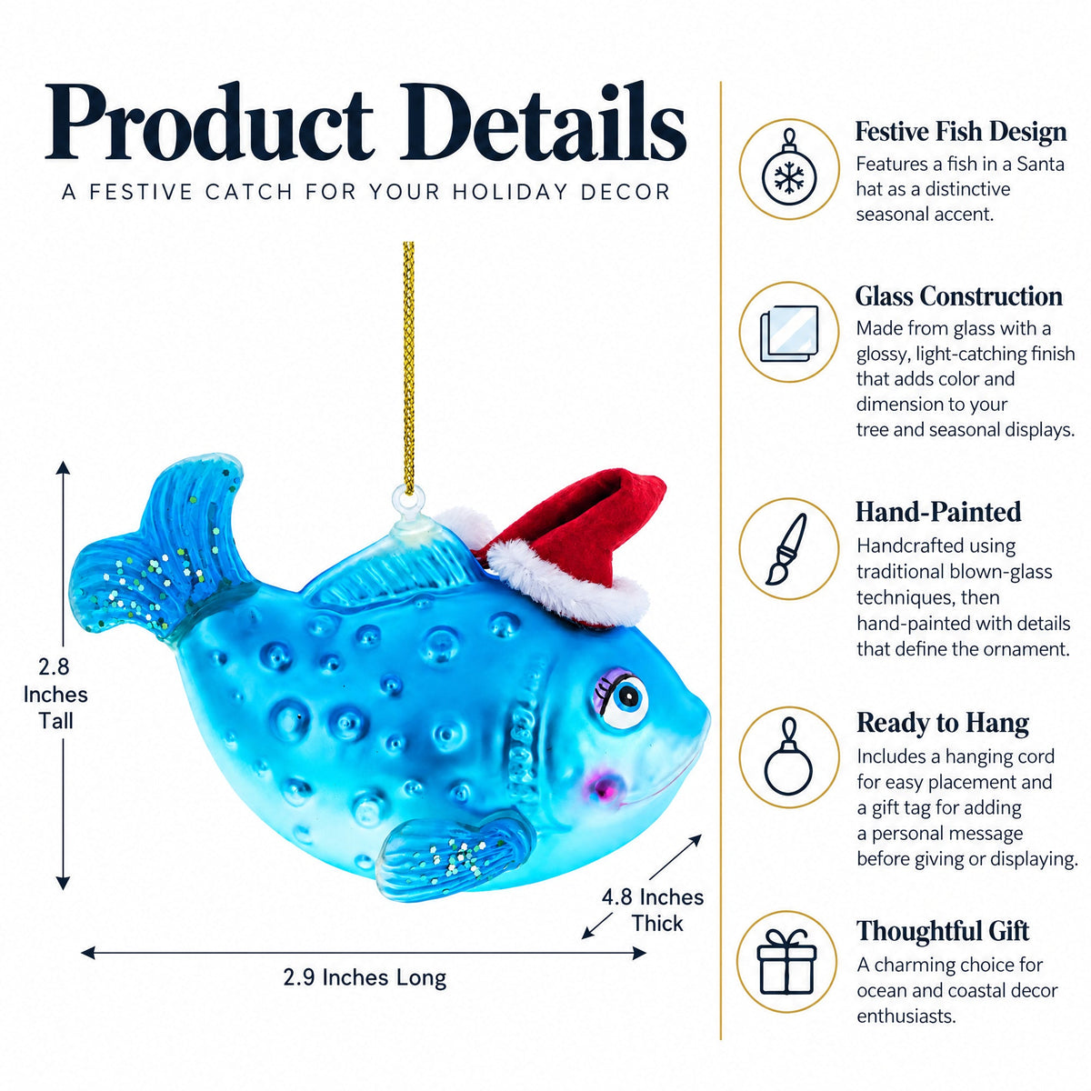 Fish in the Santa Hat Glass Christmas Ornament