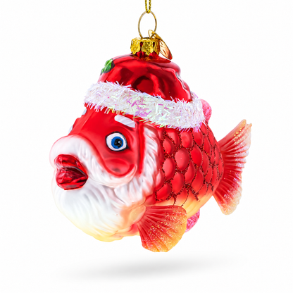 Grandpa Fish in Santa Hat Glass Christmas Ornament