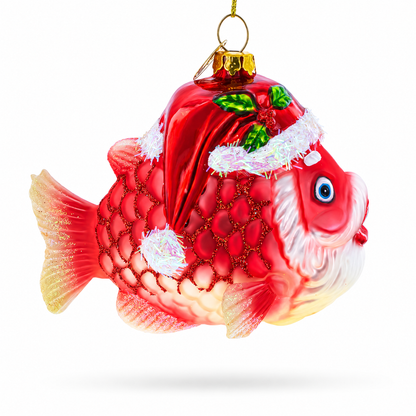 Grandpa Fish in Santa Hat Glass Christmas Ornament
