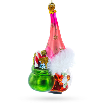 Gnome Carrying Gifts Glass Christmas Ornament