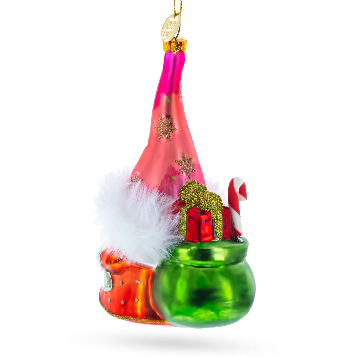 Gnome Carrying Gifts Glass Christmas Ornament