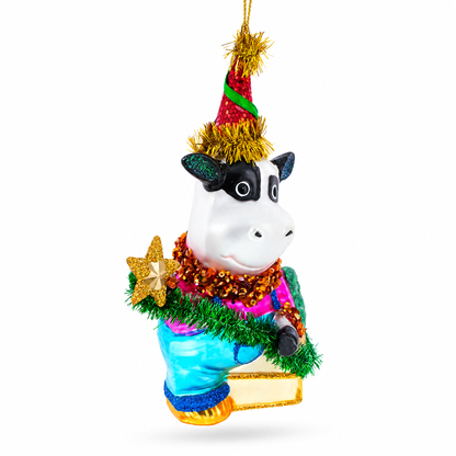 Cow Riding a Star Glass Christmas Ornament