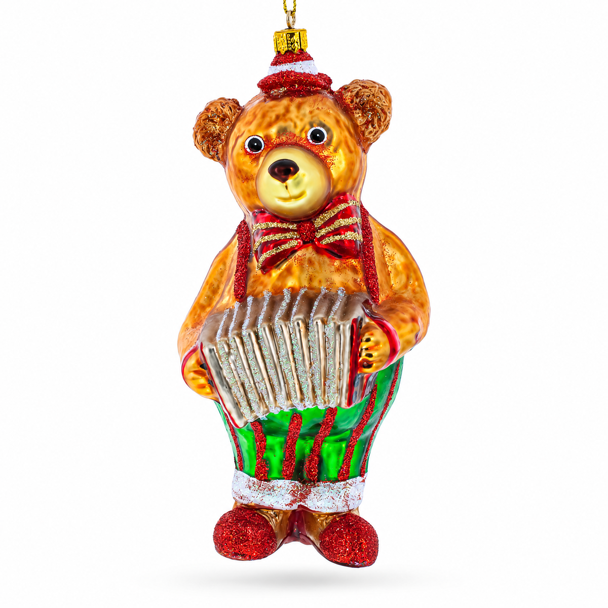 Bear Playing on Accordion Glass Christmas Ornament