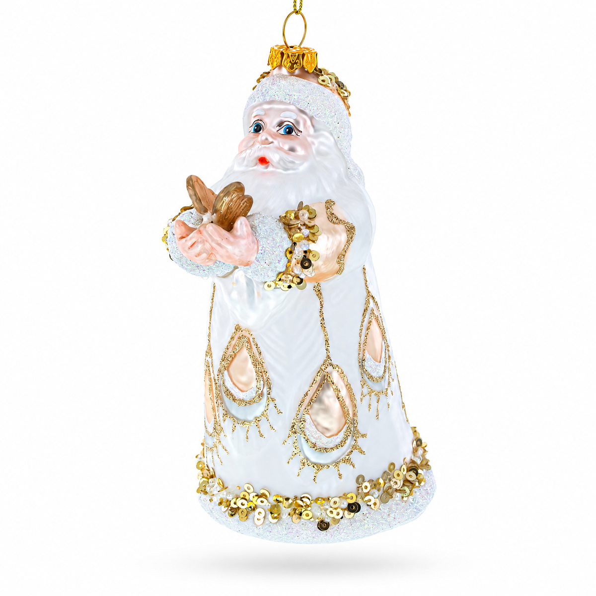 Santa in White Coat Glass Christmas Ornament