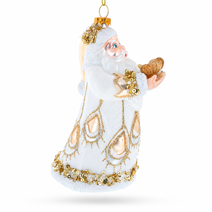 Santa in White Coat Glass Christmas Ornament