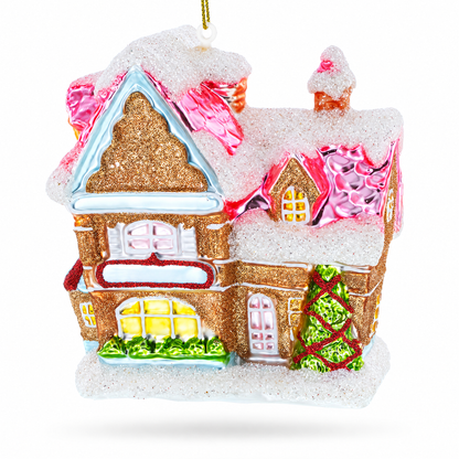 Decorated Gingerbread House Glass Christmas Ornament