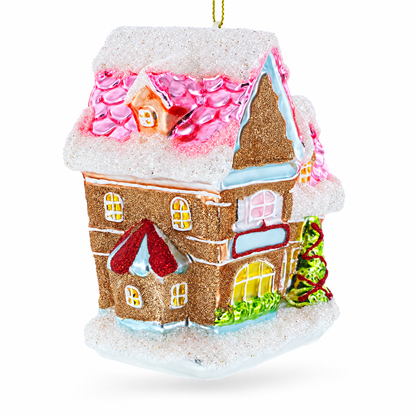 Decorated Gingerbread House Glass Christmas Ornament