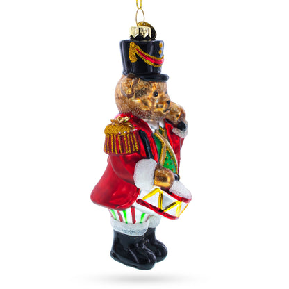 Teddy Bear Drummer Glass Christmas Ornament