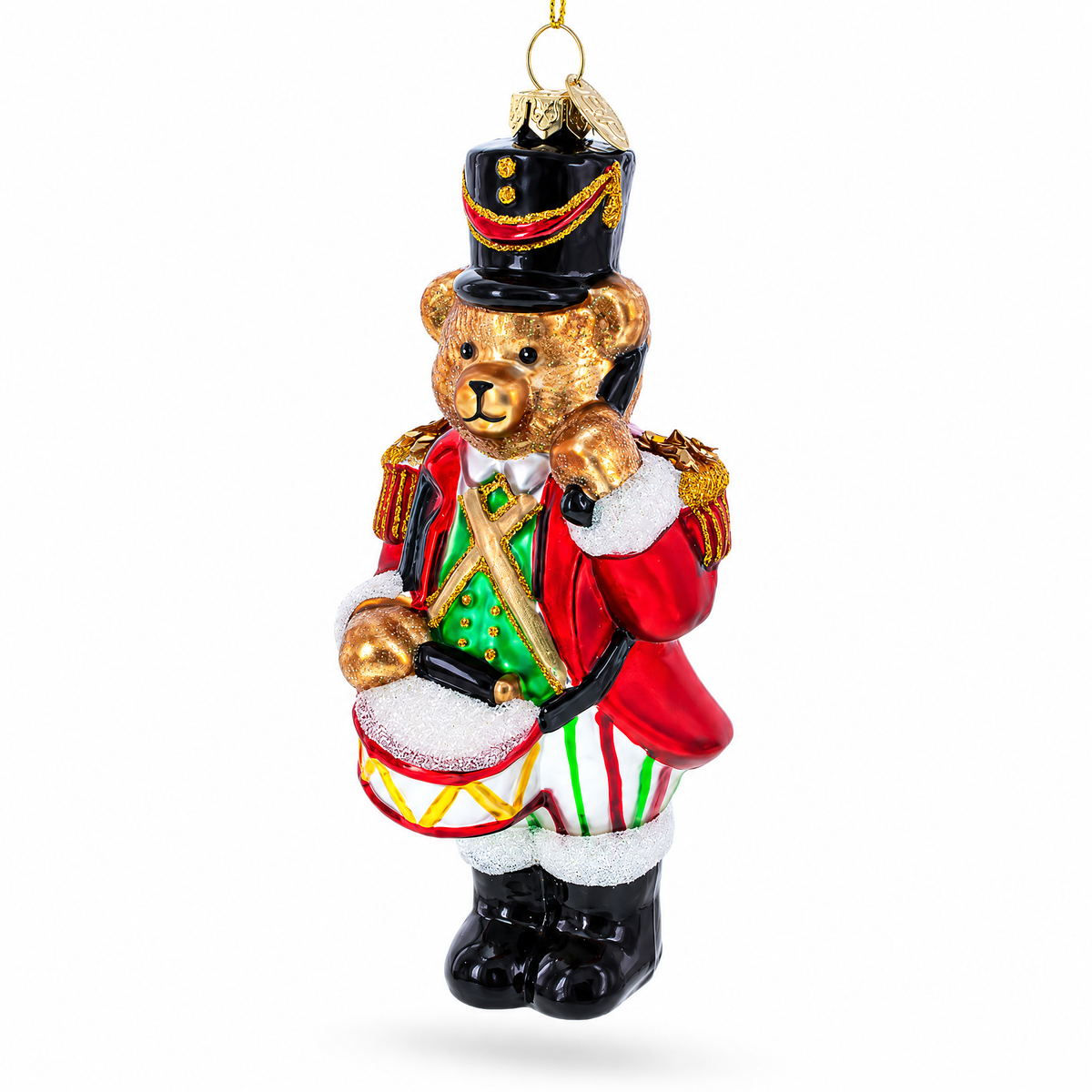 Teddy Bear Drummer Glass Christmas Ornament