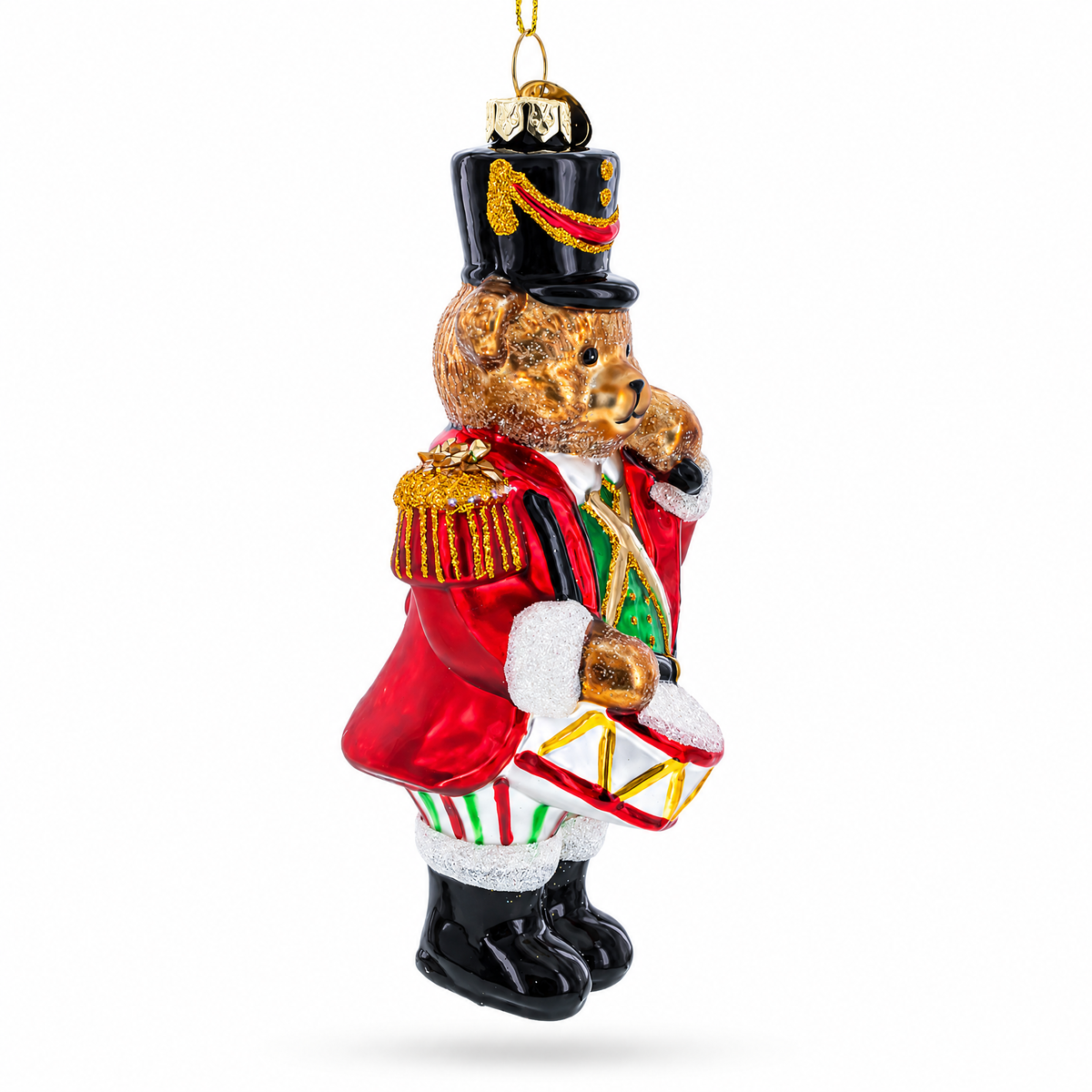 Teddy Bear Drummer Glass Christmas Ornament