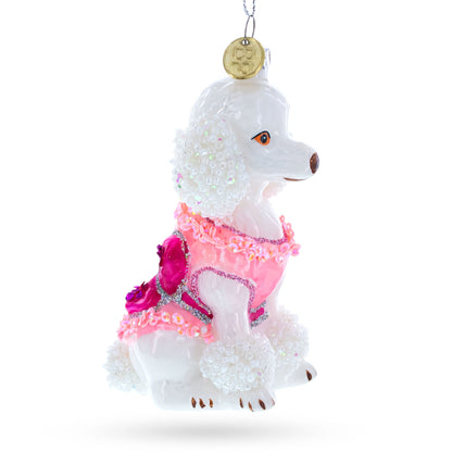 Poodle in Pink Costume Glass Christmas Ornament