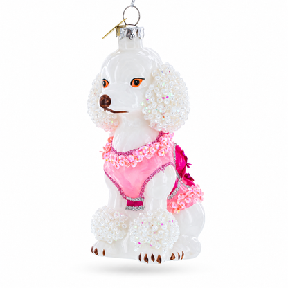 Poodle in Pink Costume Glass Christmas Ornament