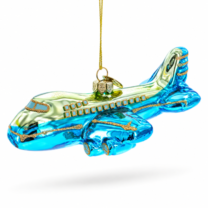 Blue Airplane Glass Christmas Ornament