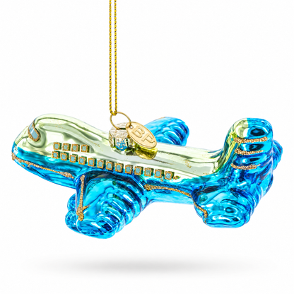 Blue Airplane Glass Christmas Ornament