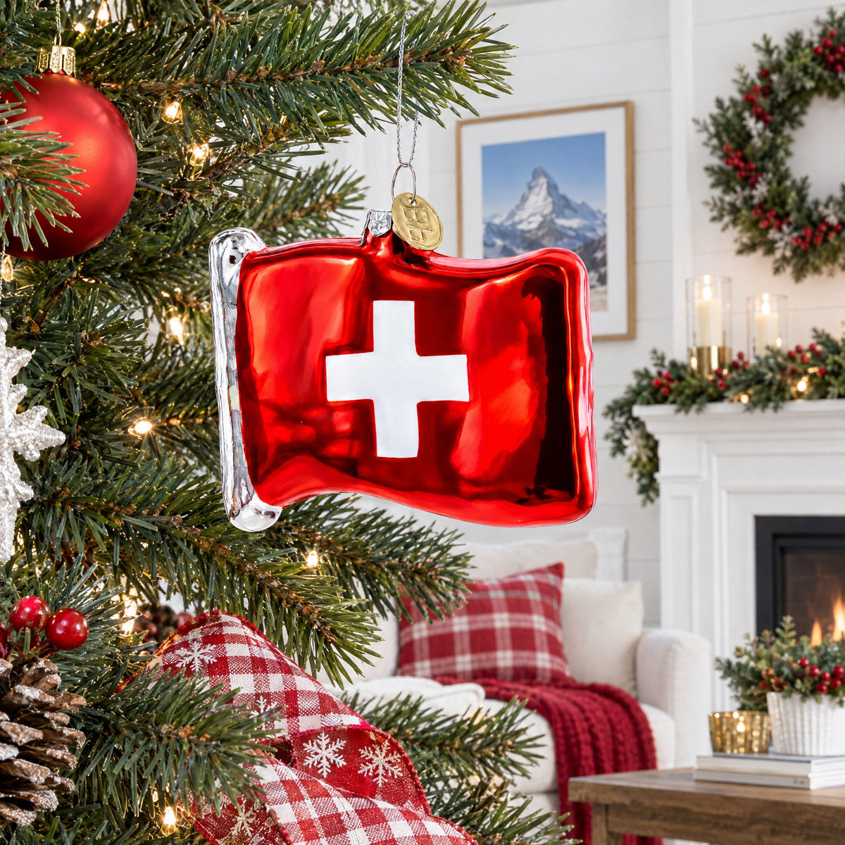 Waving Flag of Switzerland Glass Christmas Ornament