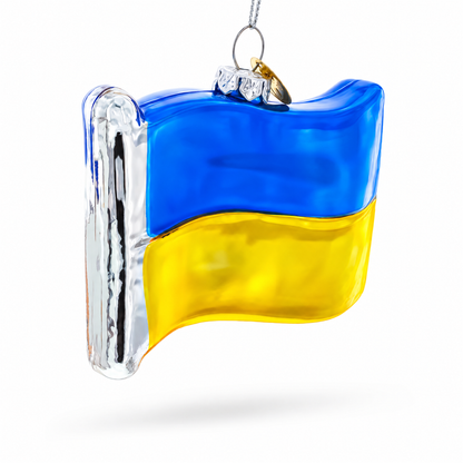 Waving Flag of Ukraine Glass Christmas Ornament