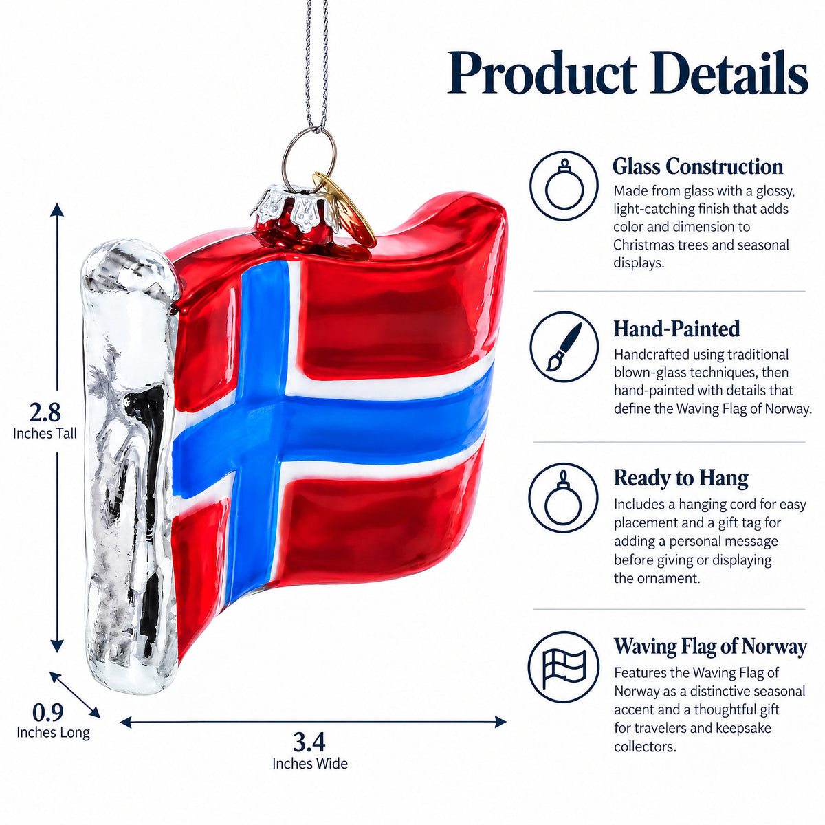 Waving Flag of Norway Glass Christmas Ornament