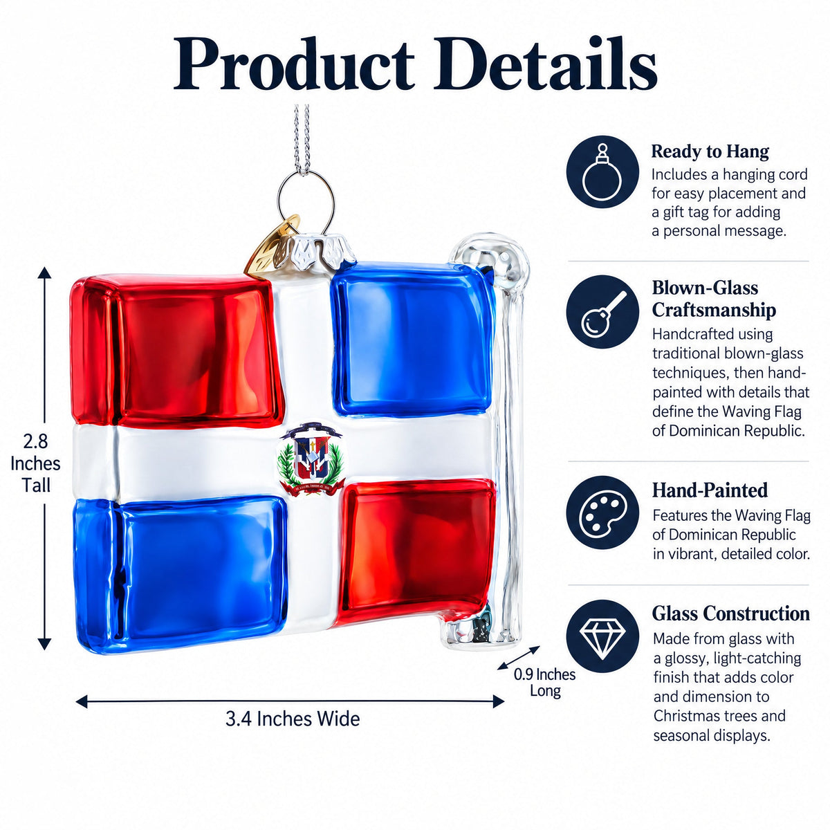 Waving Flag of Dominican Republic Glass Christmas Ornament
