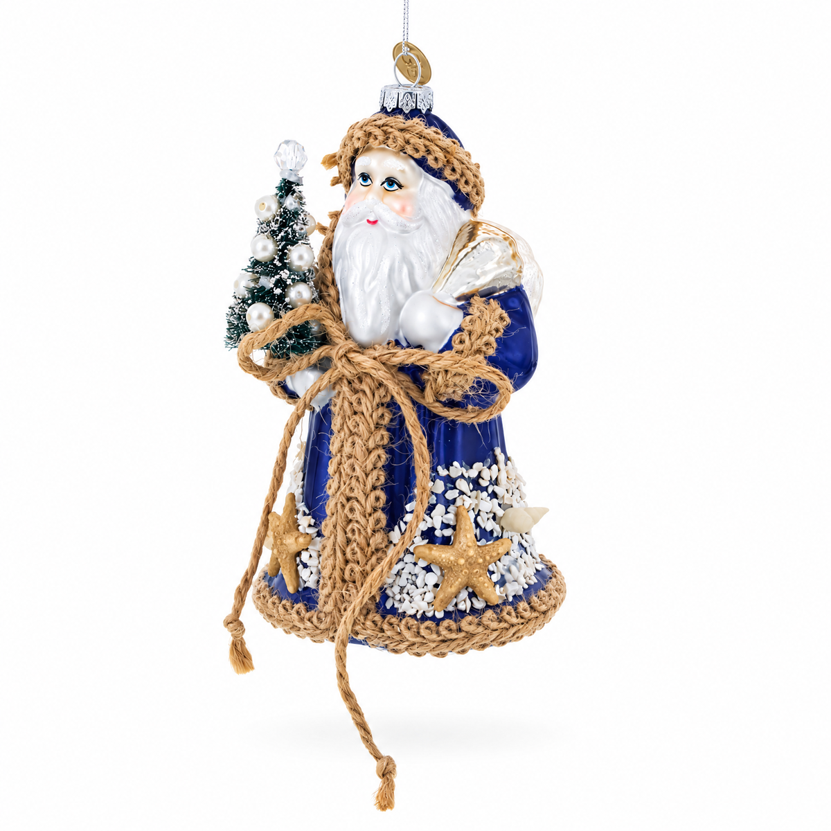 Rustic Coastal Santa with Burlap Accents & Starfish Christmas Ornament