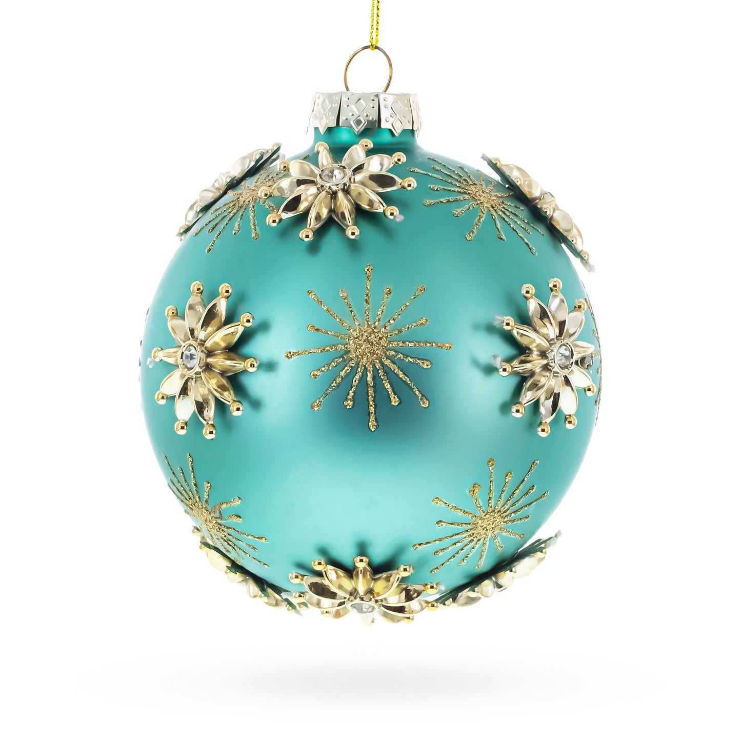 Turquoise Ball with Gold Starburst Flowers Glass Ball Christmas Ornament
