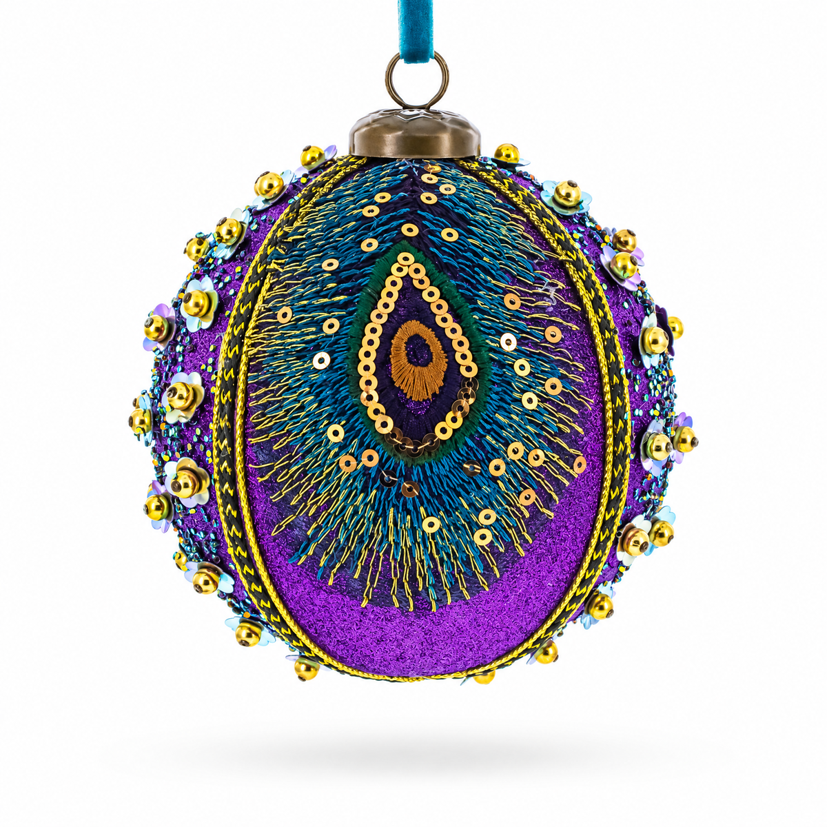 Beaded Purple Peacock Feather Glass Ball Christmas Ornament