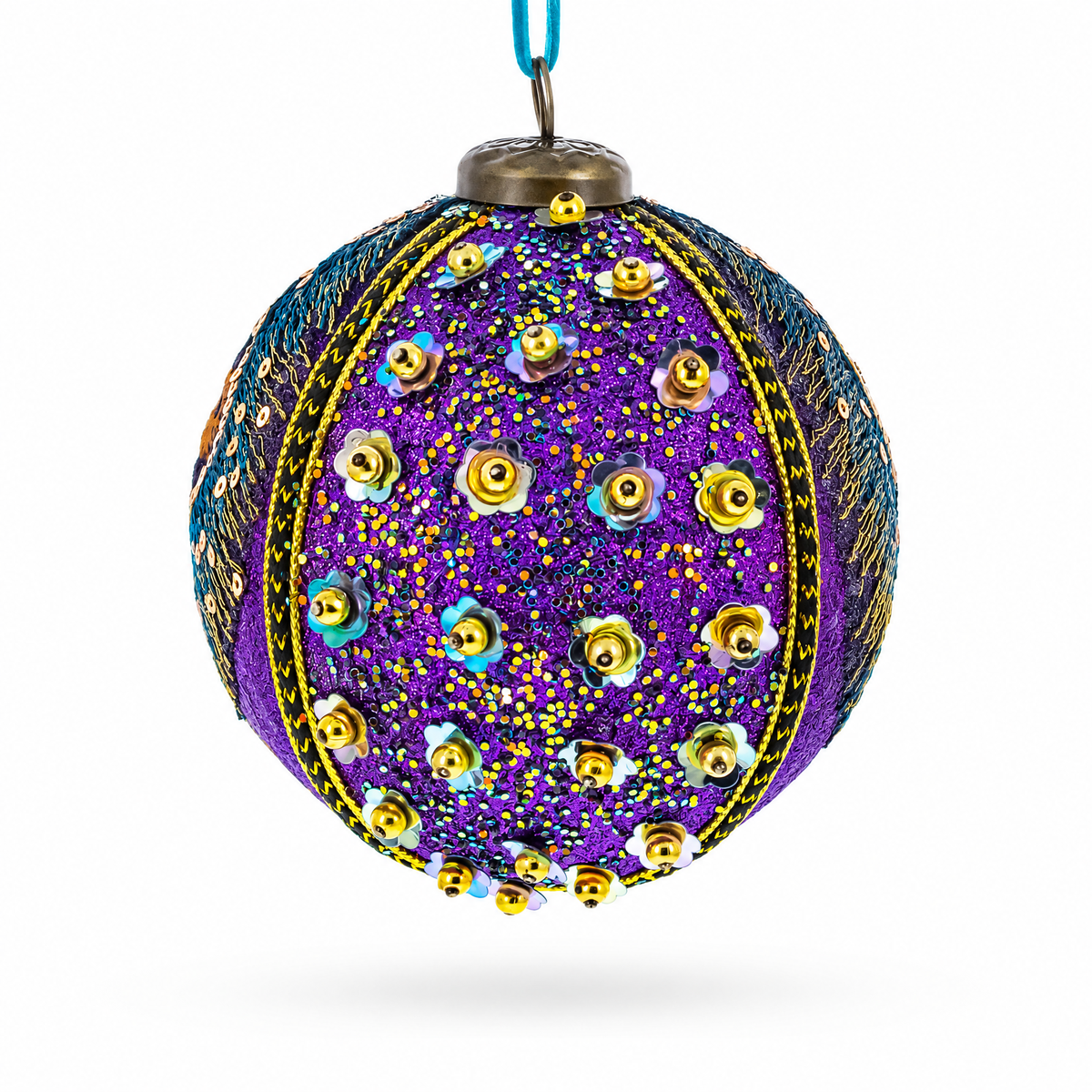 Beaded Purple Peacock Feather Glass Ball Christmas Ornament