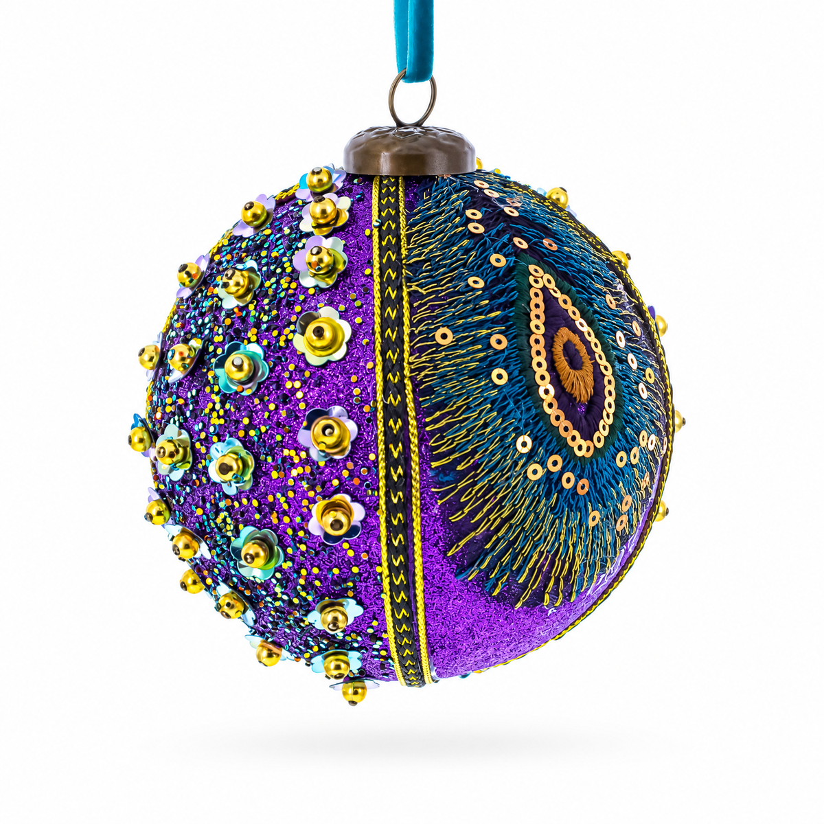 Beaded Purple Peacock Feather Glass Ball Christmas Ornament