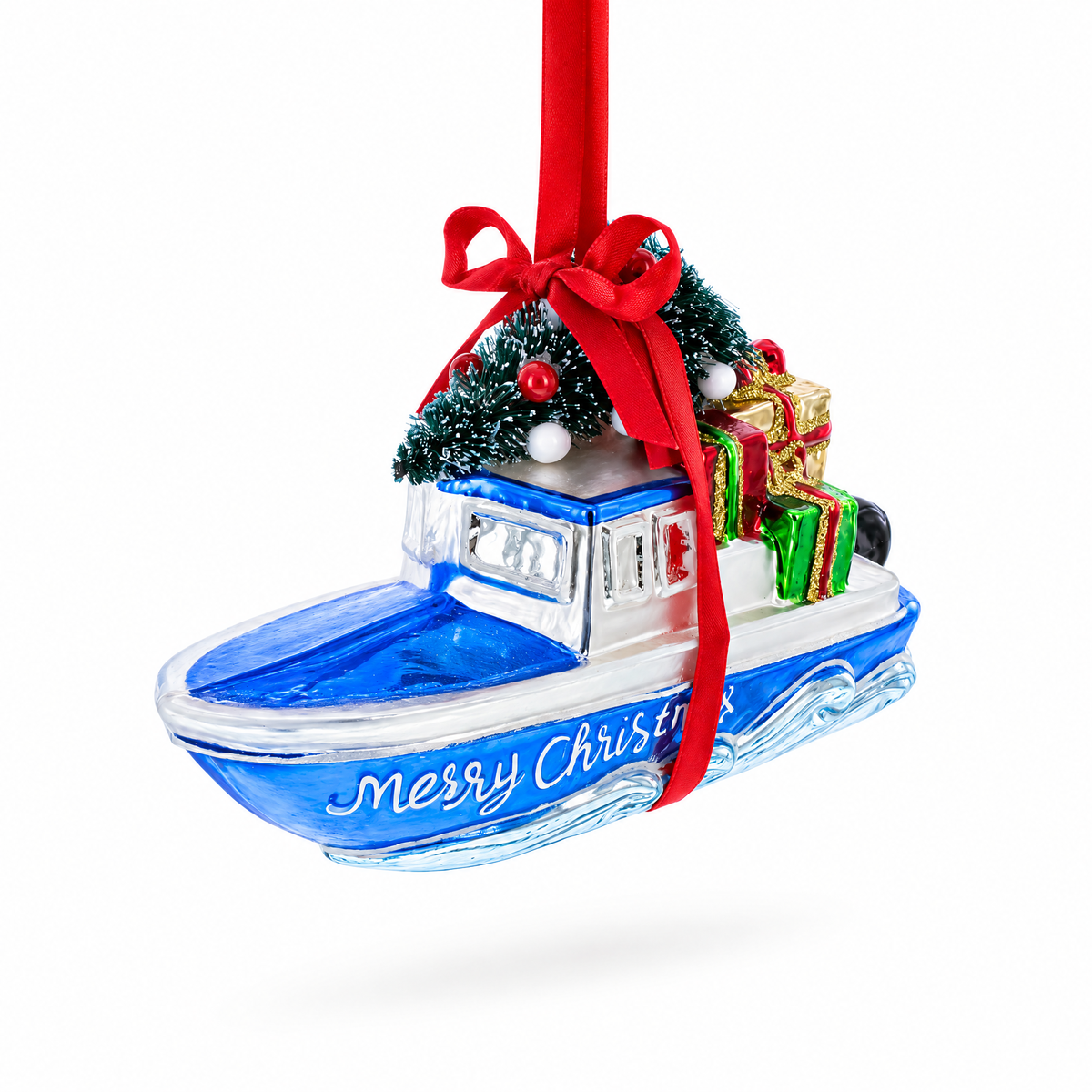 Boat with Tree and Present Glass Christmas Ornament