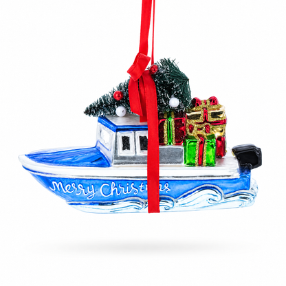 Boat with Tree and Present Glass Christmas Ornament