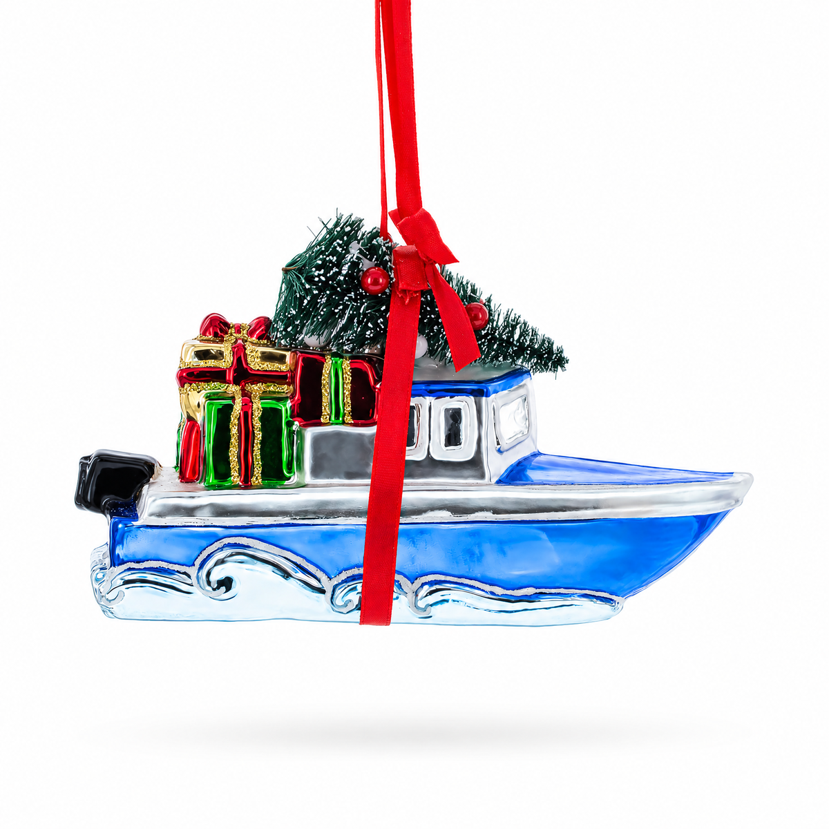 Boat with Tree and Present Glass Christmas Ornament