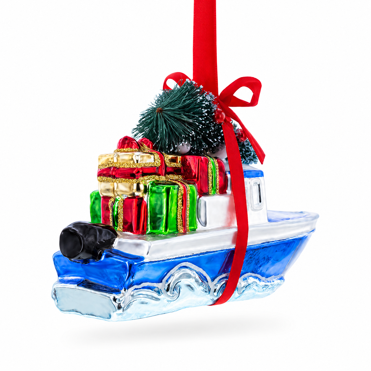 Boat with Tree and Present Glass Christmas Ornament