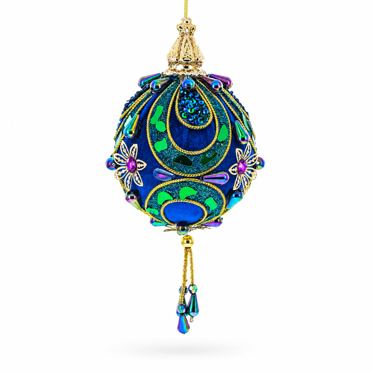 Royal Blue Jeweled  Gold Filigree Accents and Tassels Christmas Ornament