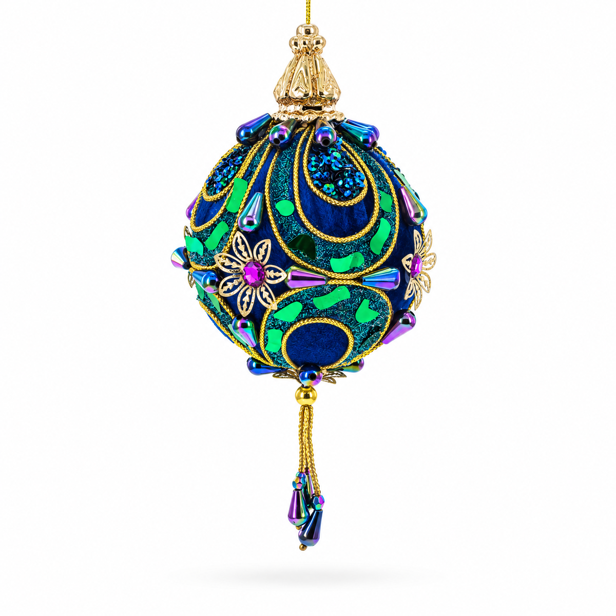 Royal Blue Jeweled  Gold Filigree Accents and Tassels Christmas Ornament