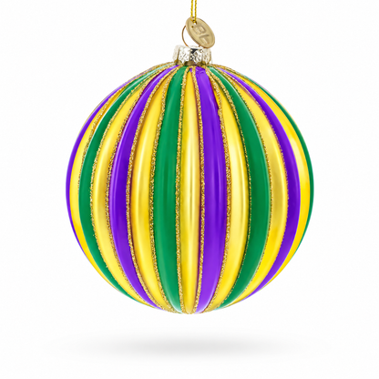 Striped Purple, Green, and Gold Glass Ball Christmas Ornament