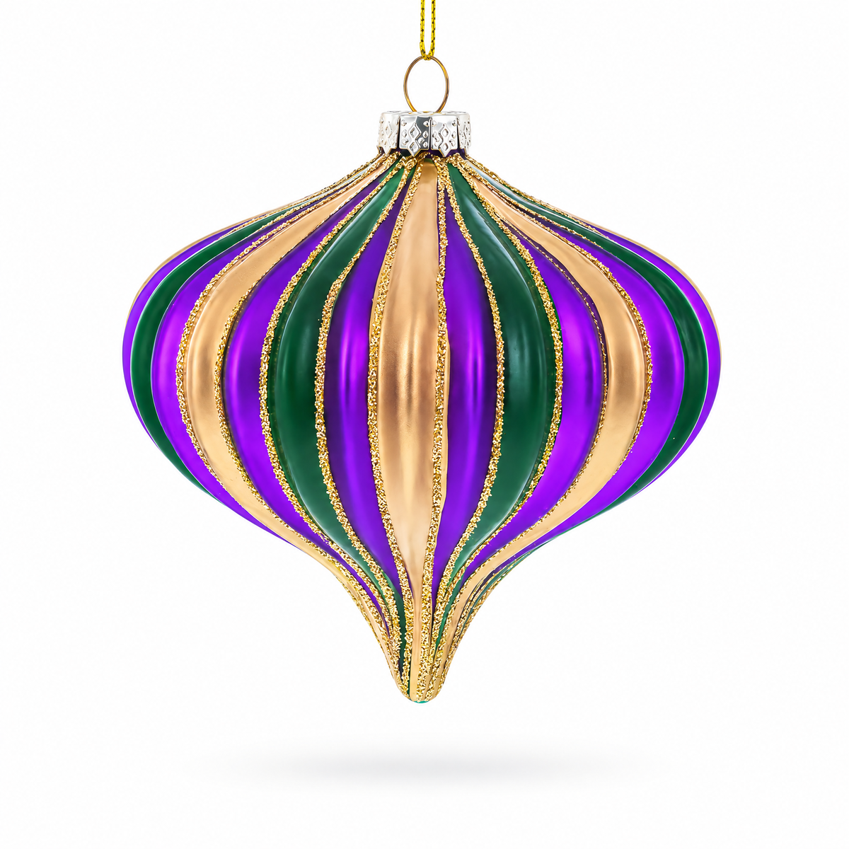 Striped  Purple, Green, and Gold Onion Finial Glass Christmas Ornament