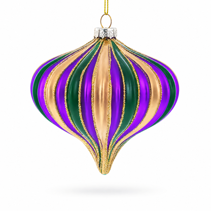 Striped  Purple, Green, and Gold Onion Finial Glass Christmas Ornament