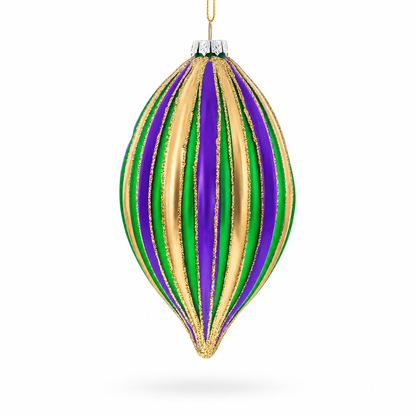 Striped Purple, Green, and Gold Teardrop Finial Glass Christmas Ornament