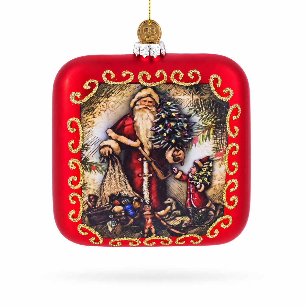 Vintage Santa Scene Glass Christmas Ornament